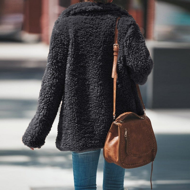 Lapel Long Sleeve Fluffy Furry Faux Fur Jackets Woman Overcoat - Onouthati