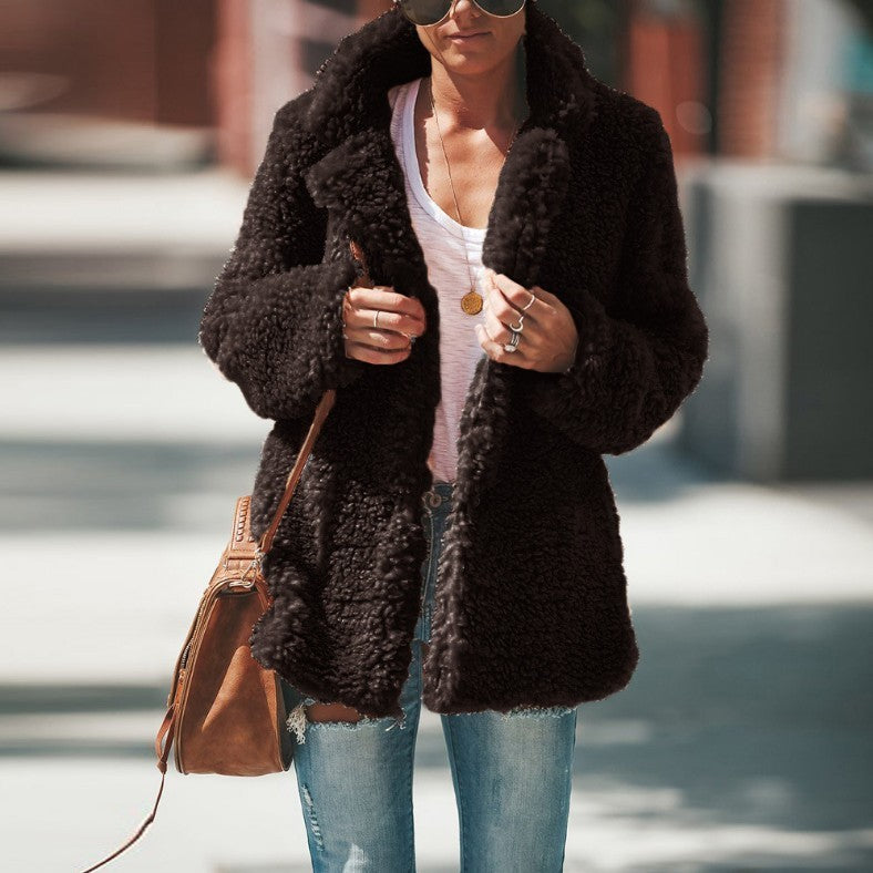 Lapel Long Sleeve Fluffy Furry Faux Fur Jackets Woman Overcoat - Onouthati