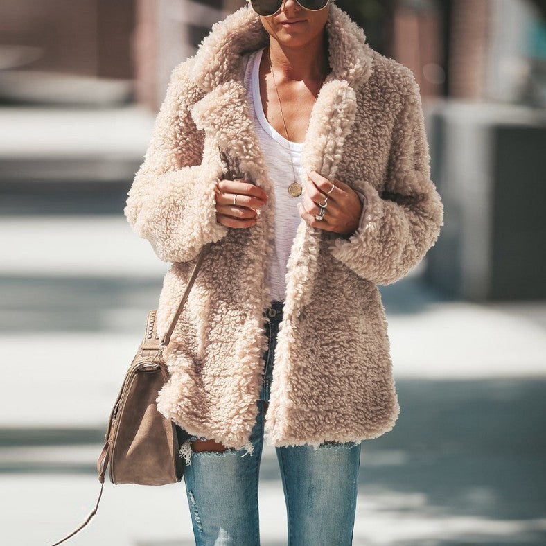 Lapel Long Sleeve Fluffy Furry Faux Fur Jackets Woman Overcoat - Onouthati