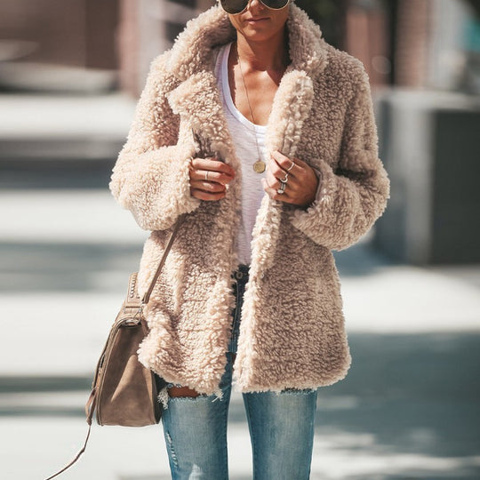 Lapel Long Sleeve Fluffy Furry Faux Fur Jackets Woman Overcoat - Onouthati