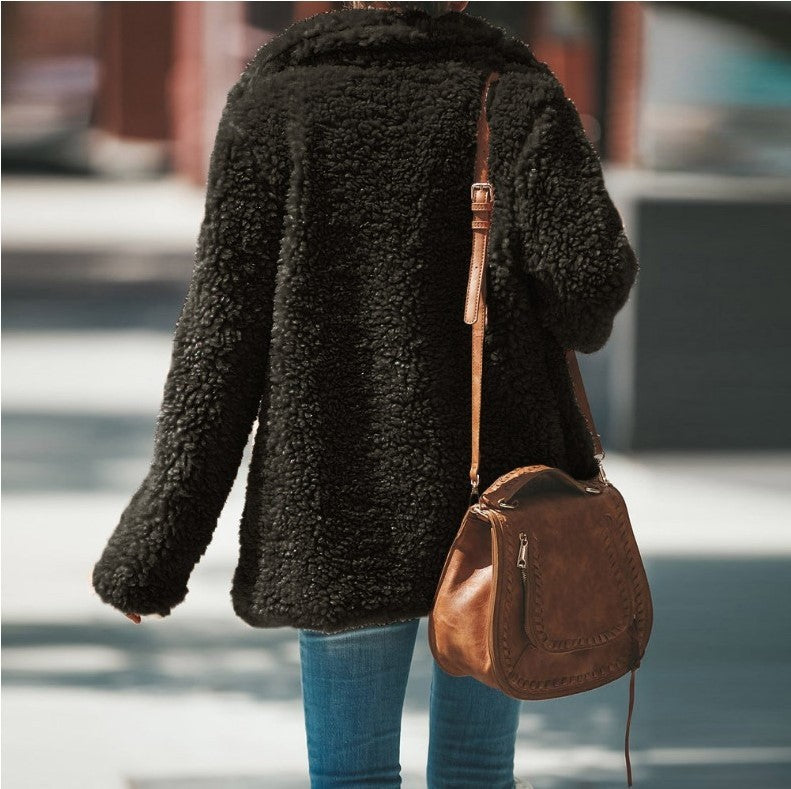 Lapel Long Sleeve Fluffy Furry Faux Fur Jackets Woman Overcoat - Onouthati
