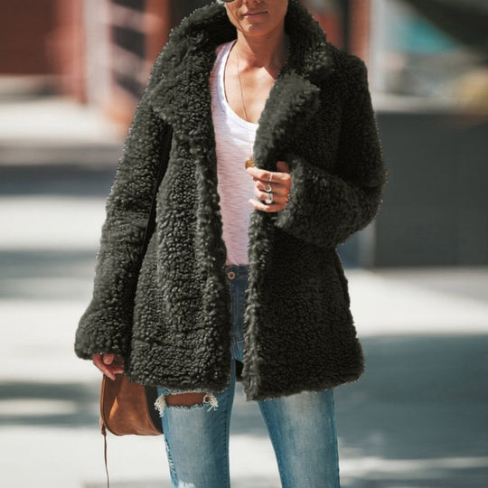 Lapel Long Sleeve Fluffy Furry Faux Fur Jackets Woman Overcoat - Onouthati