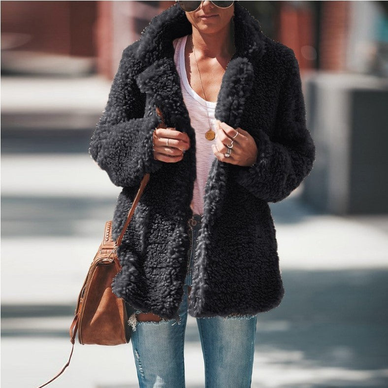 Lapel Long Sleeve Fluffy Furry Faux Fur Jackets Woman Overcoat - Onouthati