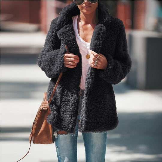Lapel Long Sleeve Fluffy Furry Faux Fur Jackets Woman Overcoat - Onouthati