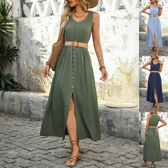 Summer Round-neck Sleeveless Split Dress With Button Design Fashion Solid Beach Long Dresses For Women Clothing - Onouthati