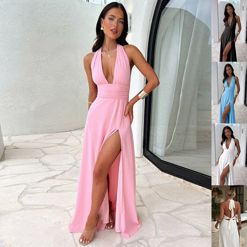Sexy Halterneck V-neck Slit Dress Summer Backless Strappy Skirt Fashion Temperament Clothing Women - Onouthati