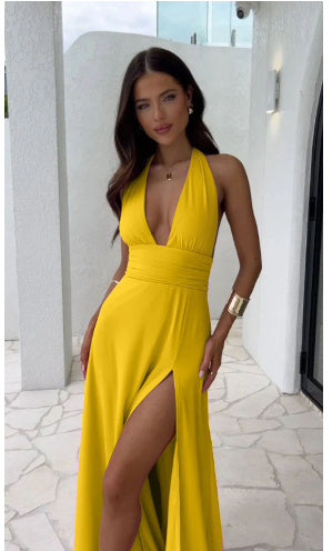 Sexy Halterneck V-neck Slit Dress Summer Backless Strappy Skirt Fashion Temperament Clothing Women - Onouthati