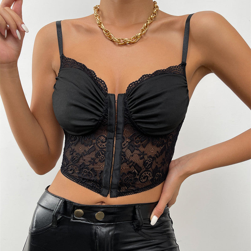 Lace Breasted Crinkle Pattern Camisole Tank Top Ladies - Onouthati