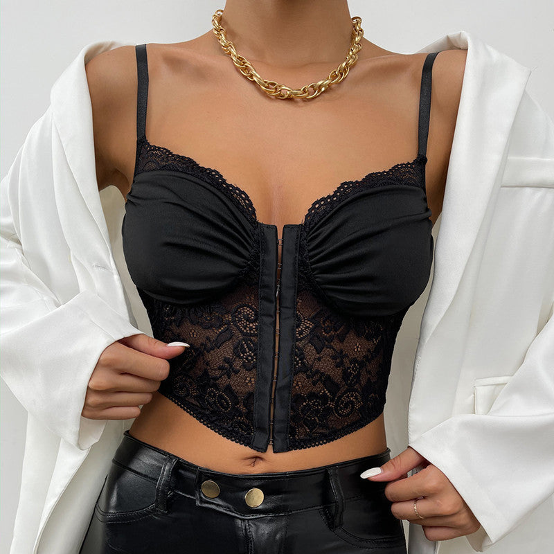 Lace Breasted Crinkle Pattern Camisole Tank Top Ladies - Onouthati