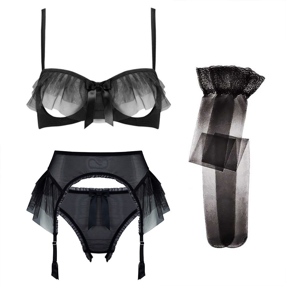 Sexy Top Gather Transparent Bra Lace Hollow Half Cup Bra - Onouthati