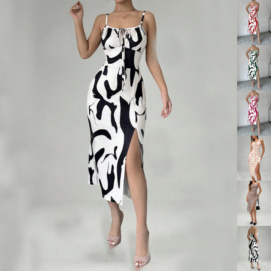 Summer Printed Suspender Split Dress Fashion Slim Lace-up Long Dresses For Women Clothing - Onouthati