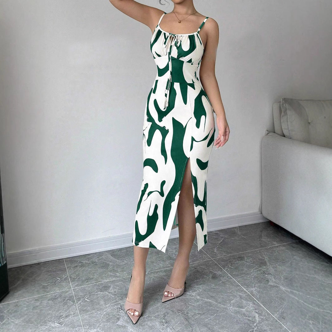Summer Printed Suspender Split Dress Fashion Slim Lace-up Long Dresses For Women Clothing - Onouthati