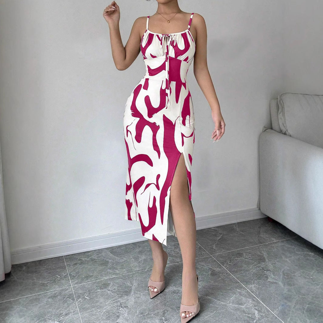 Summer Printed Suspender Split Dress Fashion Slim Lace-up Long Dresses For Women Clothing - Onouthati