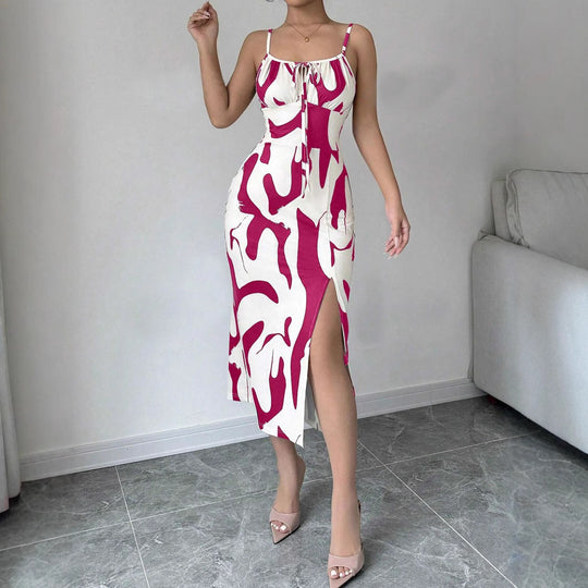 Summer Printed Suspender Split Dress Fashion Slim Lace-up Long Dresses For Women Clothing - Onouthati