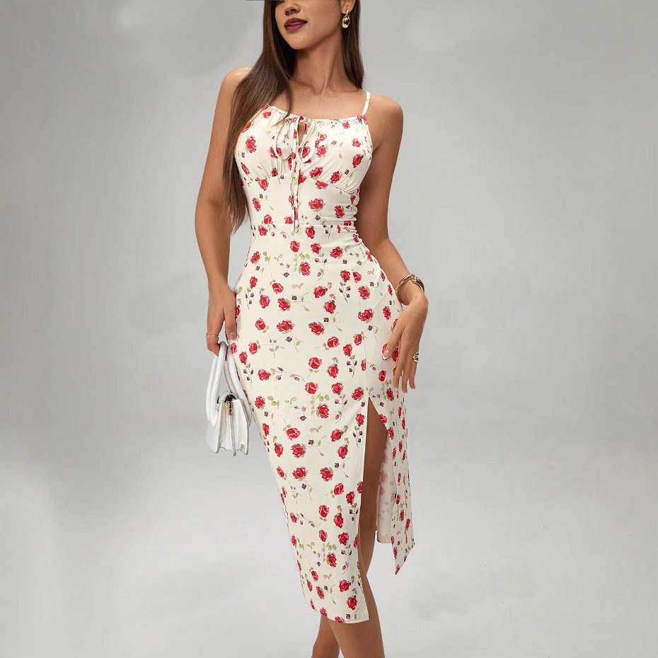 Summer Printed Suspender Split Dress Fashion Slim Lace-up Long Dresses For Women Clothing - Onouthati