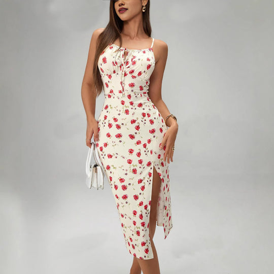 Summer Printed Suspender Split Dress Fashion Slim Lace-up Long Dresses For Women Clothing - Onouthati
