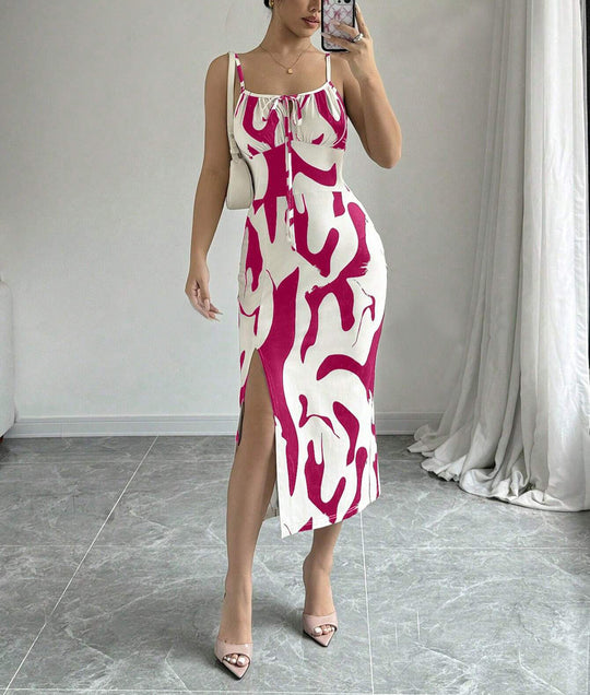 Summer Printed Suspender Split Dress Fashion Slim Lace-up Long Dresses For Women Clothing - Onouthati
