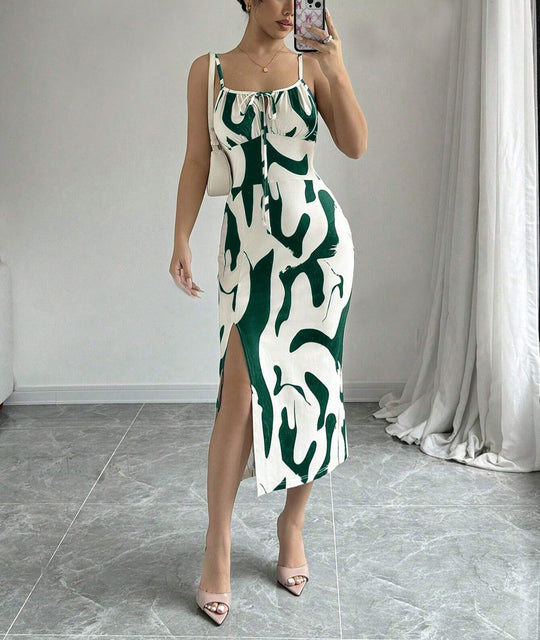 Summer Printed Suspender Split Dress Fashion Slim Lace-up Long Dresses For Women Clothing - Onouthati