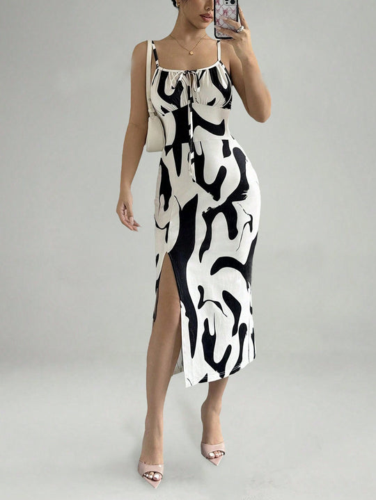 Summer Printed Suspender Split Dress Fashion Slim Lace-up Long Dresses For Women Clothing - Onouthati