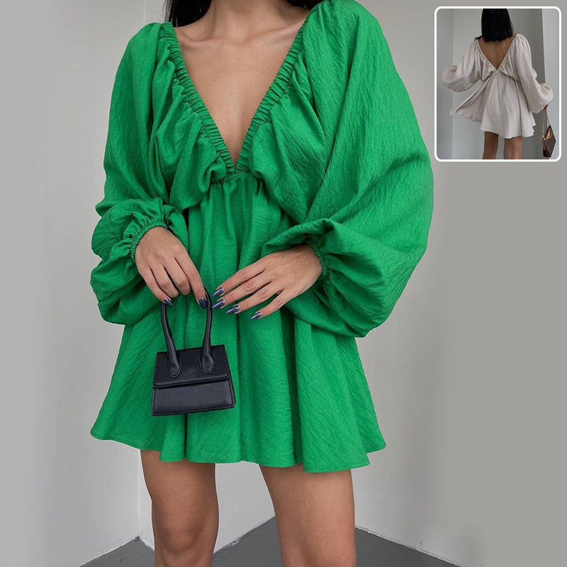 V-neck Lantern Sleeve Dress Fashion Loose Long-sleeved Dresses For Women Clothing - Onouthati