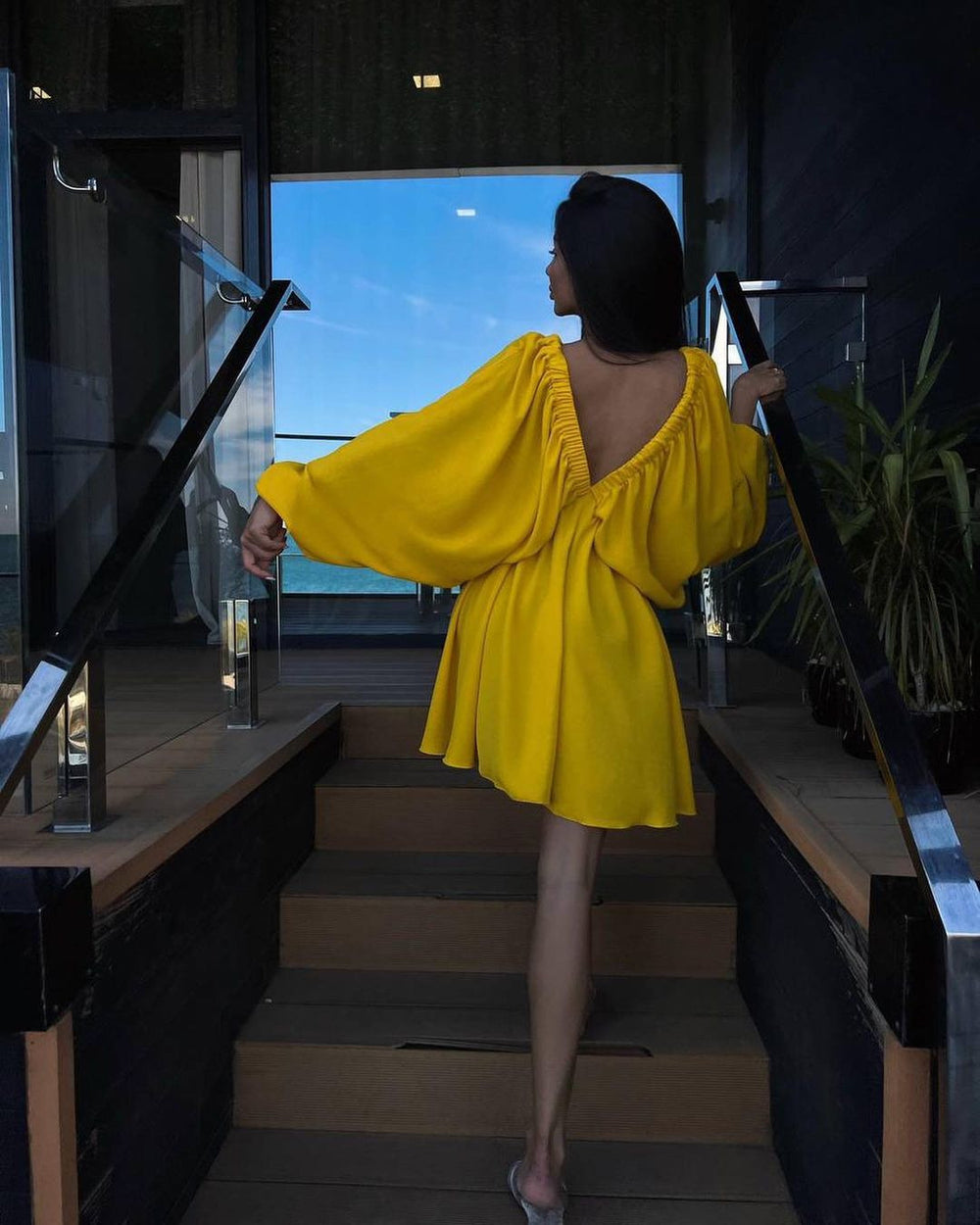 V-neck Lantern Sleeve Dress Fashion Loose Long-sleeved Dresses For Women Clothing - Onouthati