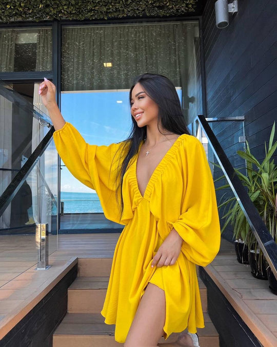 V-neck Lantern Sleeve Dress Fashion Loose Long-sleeved Dresses For Women Clothing - Onouthati