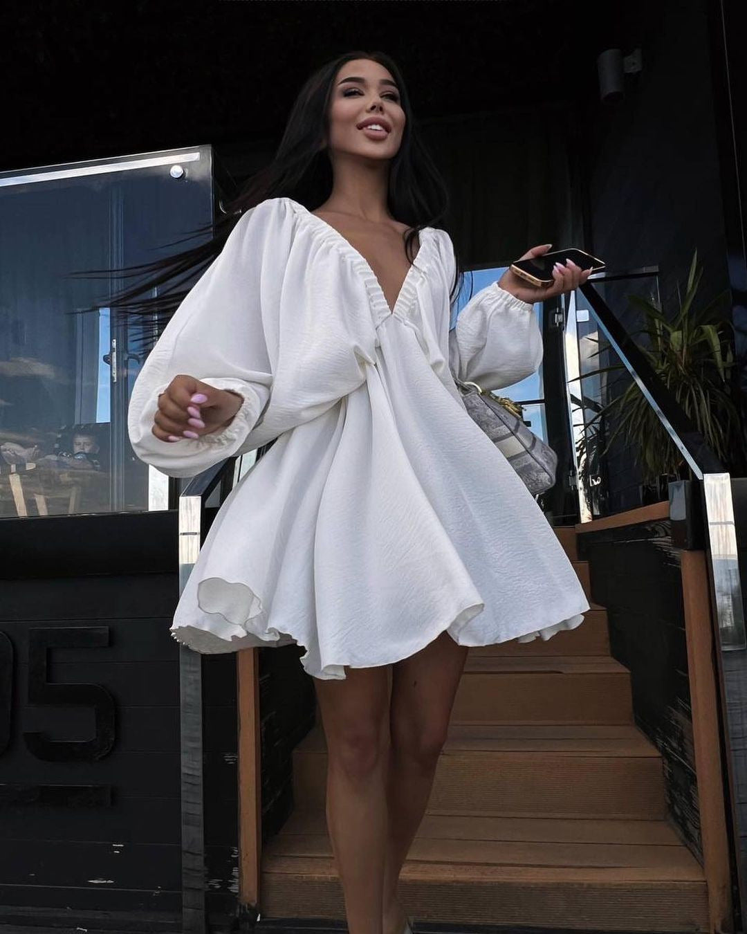 V-neck Lantern Sleeve Dress Fashion Loose Long-sleeved Dresses For Women Clothing - Onouthati