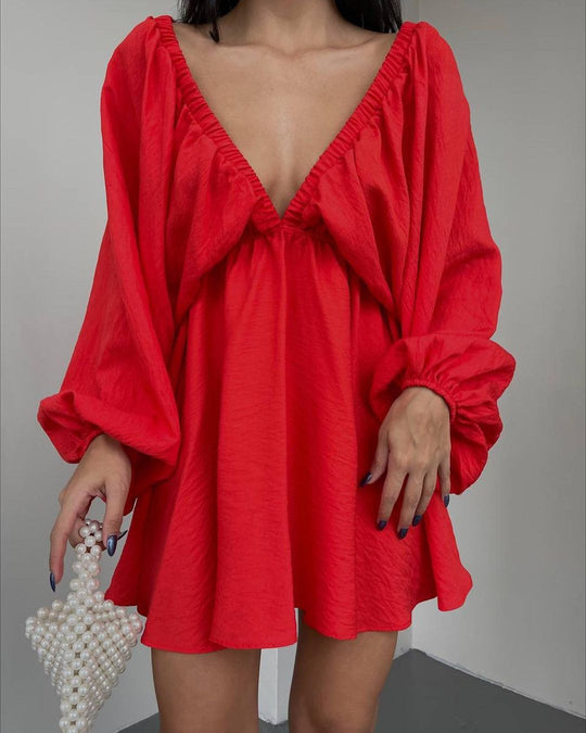 V-neck Lantern Sleeve Dress Fashion Loose Long-sleeved Dresses For Women Clothing - Onouthati