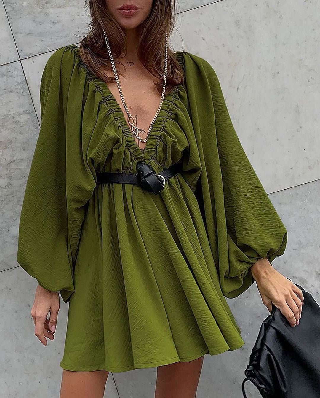 V-neck Lantern Sleeve Dress Fashion Loose Long-sleeved Dresses For Women Clothing - Onouthati