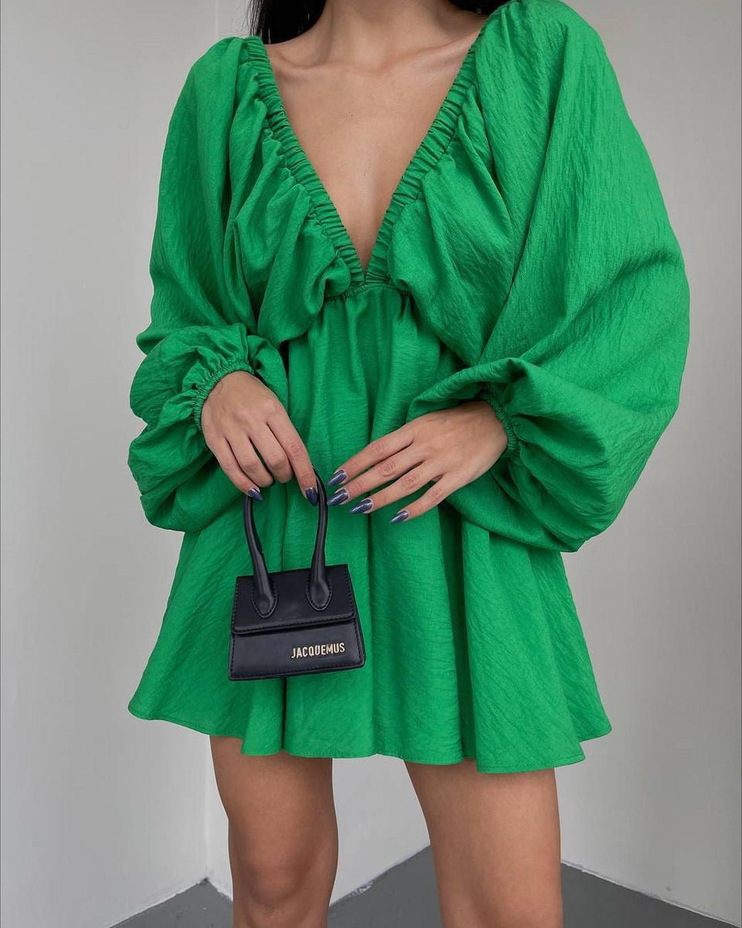 V-neck Lantern Sleeve Dress Fashion Loose Long-sleeved Dresses For Women Clothing - Onouthati