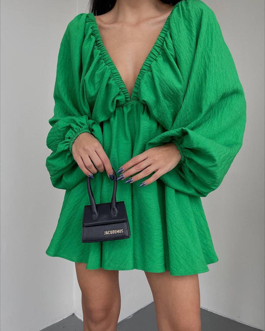 V-neck Lantern Sleeve Dress Fashion Loose Long-sleeved Dresses For Women Clothing - Onouthati