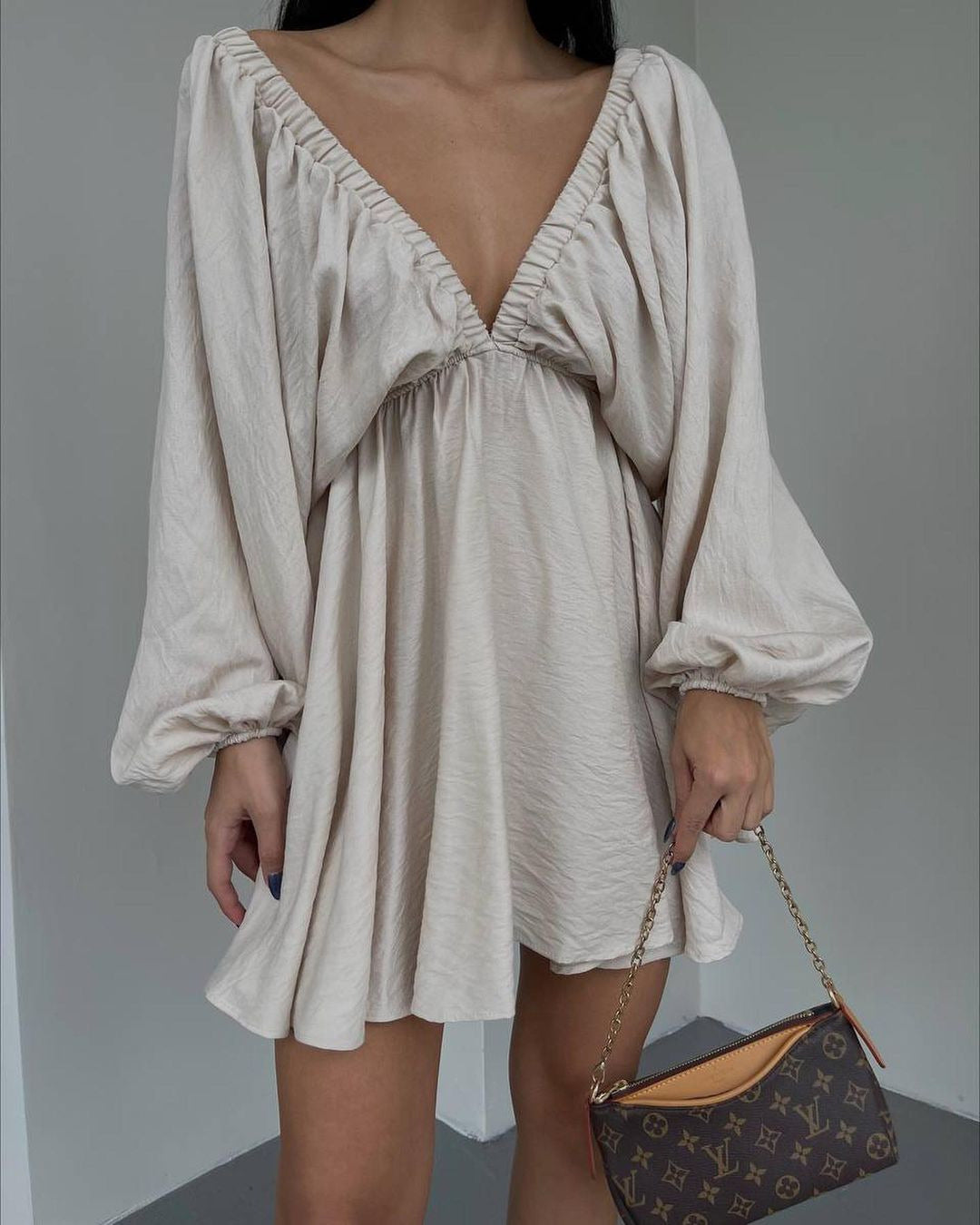 V-neck Lantern Sleeve Dress Fashion Loose Long-sleeved Dresses For Women Clothing - Onouthati