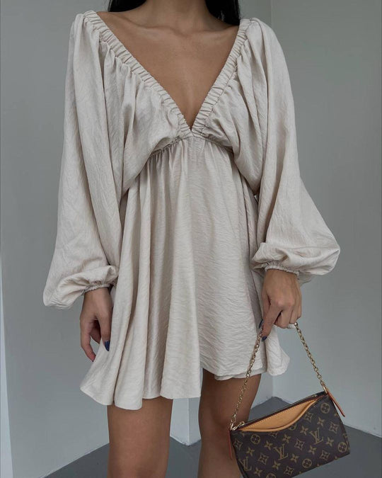 V-neck Lantern Sleeve Dress Fashion Loose Long-sleeved Dresses For Women Clothing - Onouthati