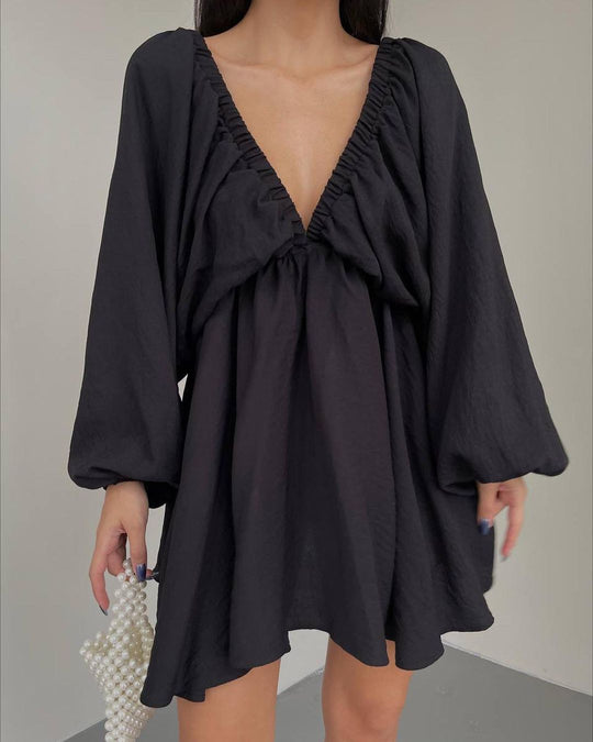 V-neck Lantern Sleeve Dress Fashion Loose Long-sleeved Dresses For Women Clothing - Onouthati
