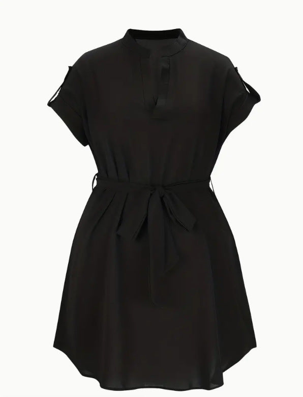 V-neck Short Sleeve Dress With Belt Summer Fashion Bowknot Dresses For Women Clothing - Onouthati