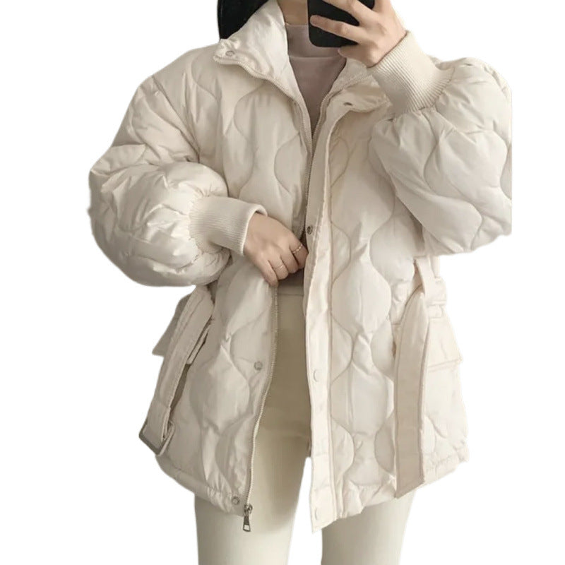 Women's Stand-up Collar Tie Long Sleeve Cotton Coat - Onouthati
