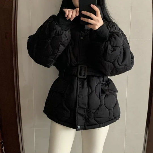 Women's Stand-up Collar Tie Long Sleeve Cotton Coat - Onouthati