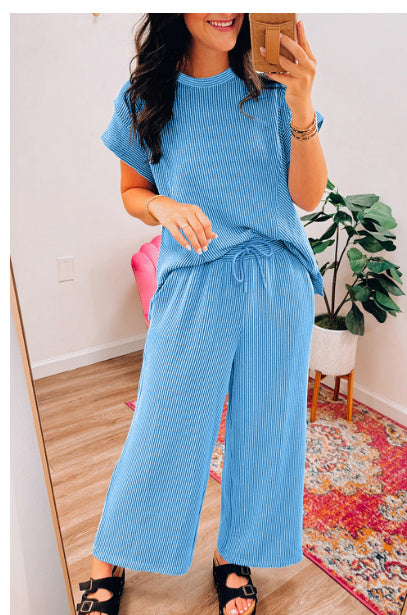 Blue Solid Corded Knit Short Sleeve T Shirt And Wide Leg Pants Set - Onouthati