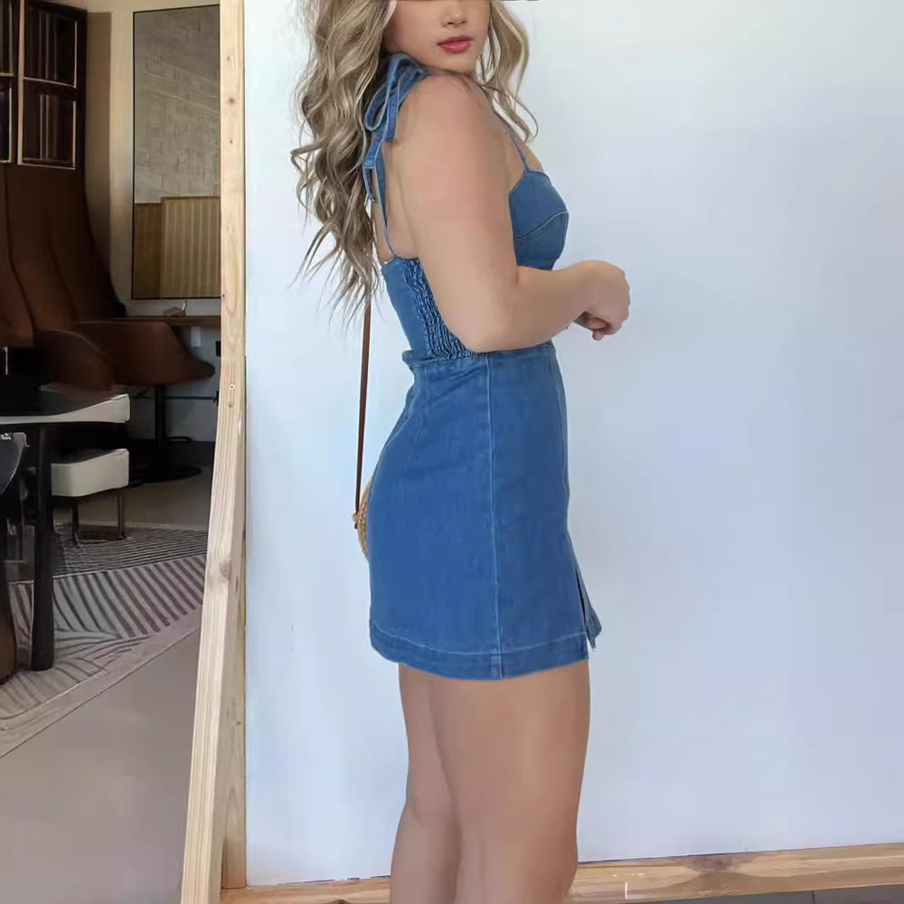 Square Neck Suspender Split Denim Dress With Back Zipper Design Summer Fashion Slim Sling Short Dresses For Women - Onouthati