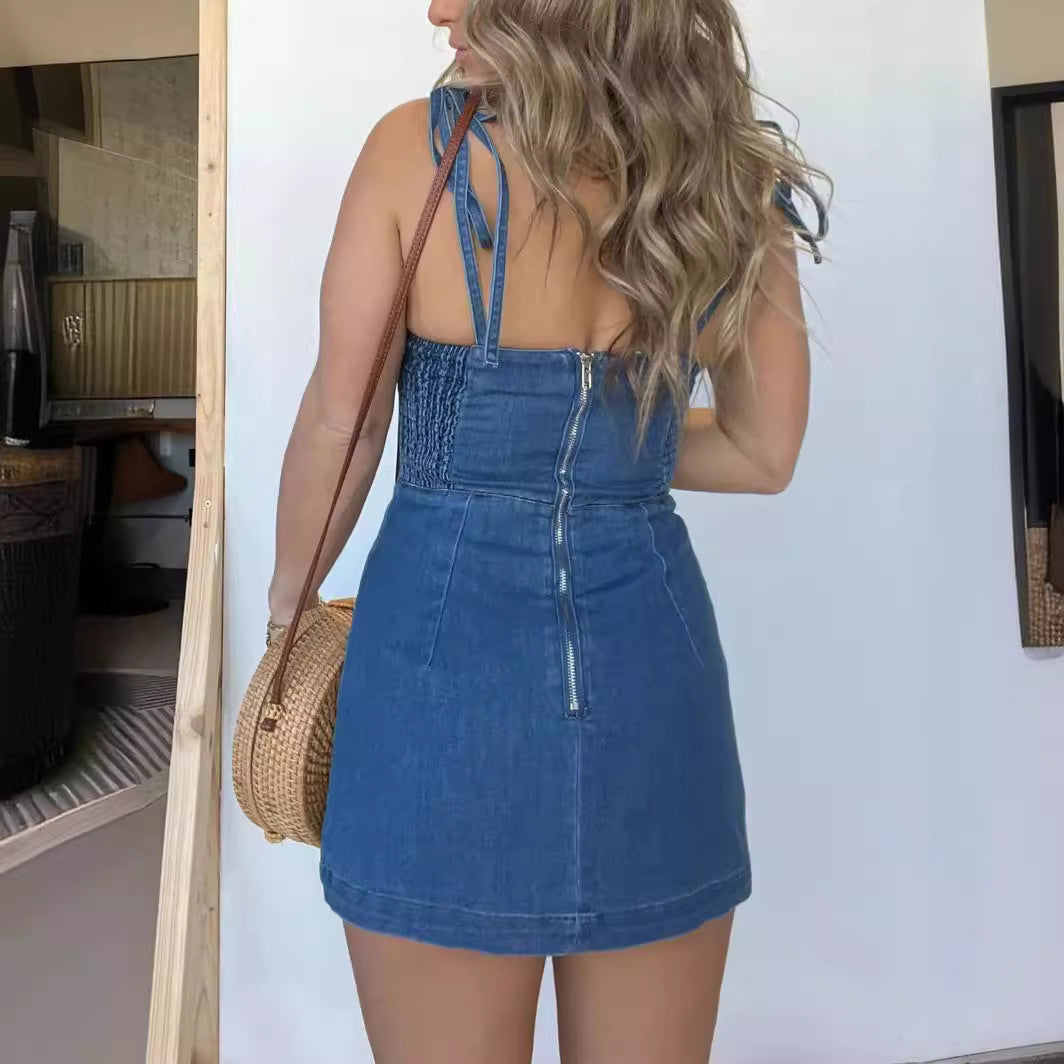 Square Neck Suspender Split Denim Dress With Back Zipper Design Summer Fashion Slim Sling Short Dresses For Women - Onouthati