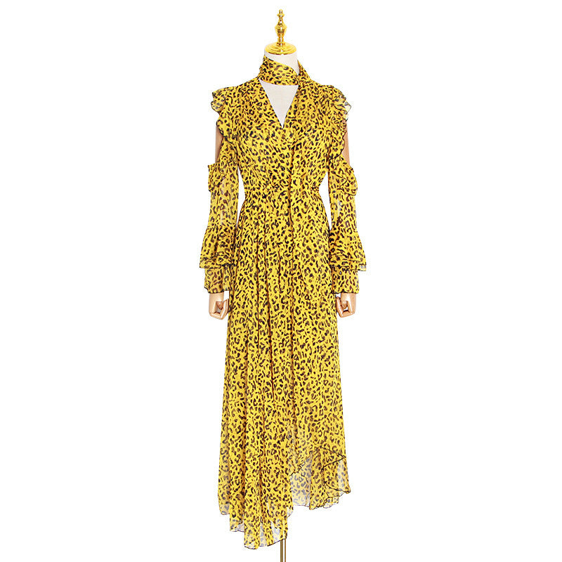 Twotwinstyle Leopard Female Dresses For Women Off Shoulder Flare Sleeve Asymmetric Hem Backless Ruffles Dress Vintage Clothes - Onouthati