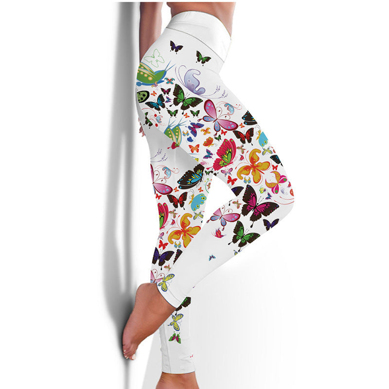Printed Floral Butterfly Leggings High Waist Slim Yoga Pants Leggings - Onouthati