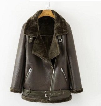 New Winter Fashion High Quality Artificial Fur Zipper Coat Pockets Warm Couples Sashes Leather Jackets Woman - Onouthati
