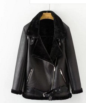 New Winter Fashion High Quality Artificial Fur Zipper Coat Pockets Warm Couples Sashes Leather Jackets Woman - Onouthati