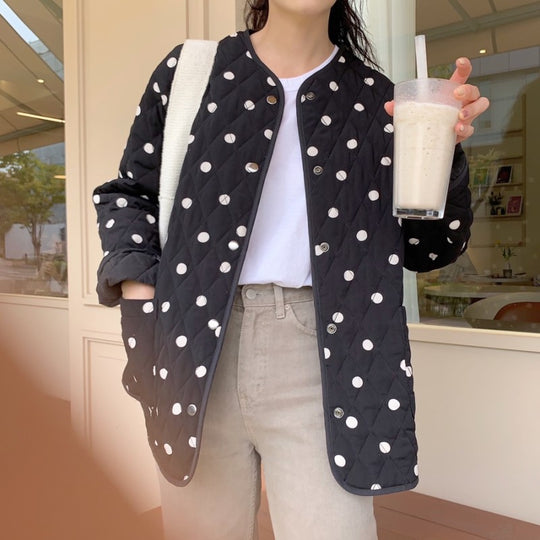 Polka Dot Round Neck Loose Double Pocket Quilted Jacket - Onouthati