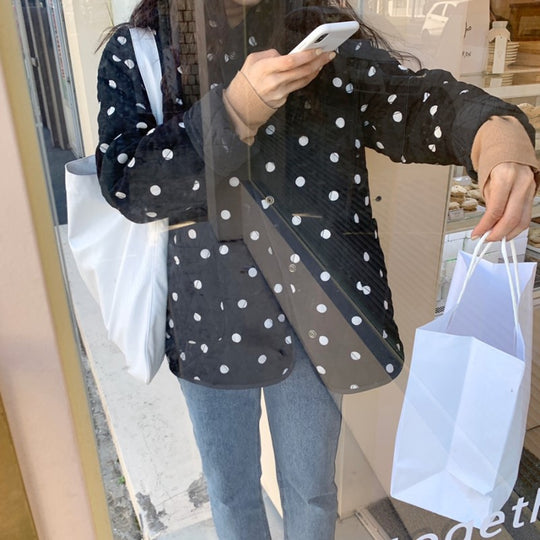 Polka Dot Round Neck Loose Double Pocket Quilted Jacket - Onouthati
