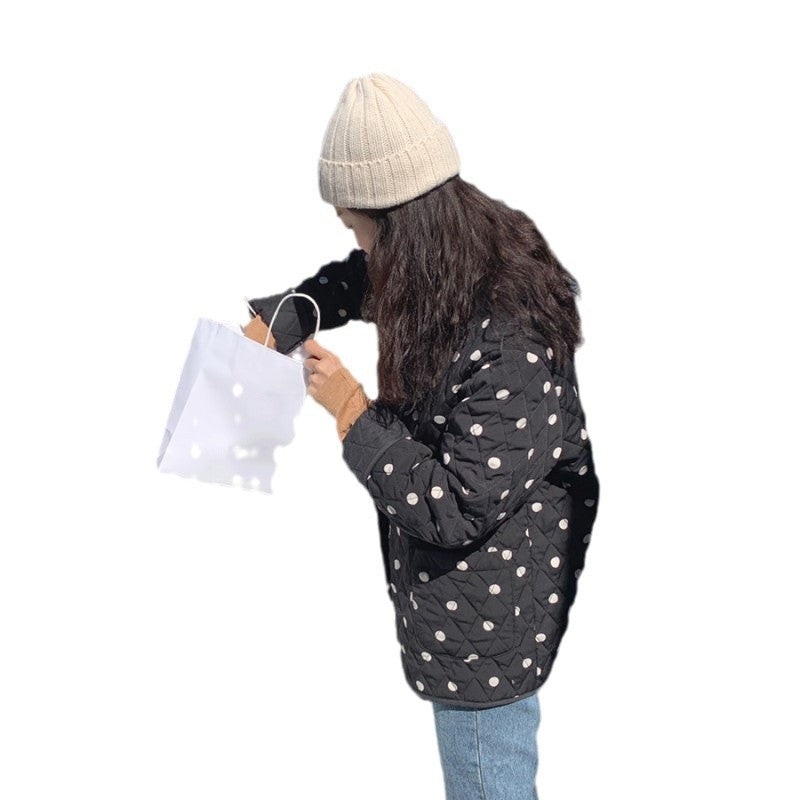 Polka Dot Round Neck Loose Double Pocket Quilted Jacket - Onouthati