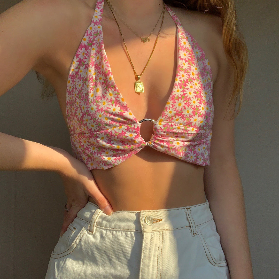 Sexy Deep V-Neck Floral Print Ring Lace Trendy Halter Halter Vest - Onouthati