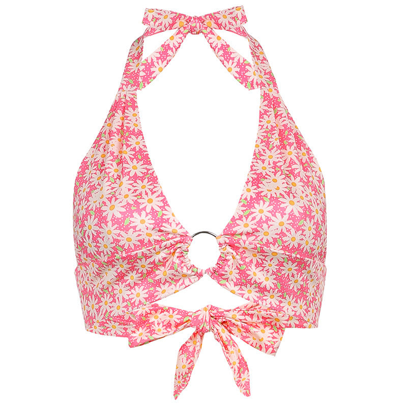 Sexy Deep V-Neck Floral Print Ring Lace Trendy Halter Halter Vest - Onouthati