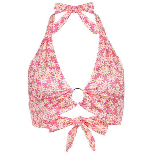 Sexy Deep V-Neck Floral Print Ring Lace Trendy Halter Halter Vest - Onouthati